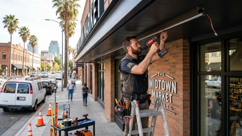 Commercial lighting contractor installing extruded aluminum LED track channels under the parapet soffit of a Sacramento storefront