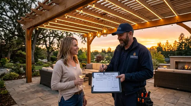 Professional patio lighting contractor discussing linear-foot pricing estimate in Sacramento