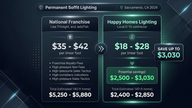 2026 Sacramento permanent soffit lighting pricing comparison showing Happy Homes Lighting at 18 to 28 dollars per linear foot versus national franchise brands at 35 to 42 dollars per linear foot with total 140 foot home savings of up to 3030 dollars