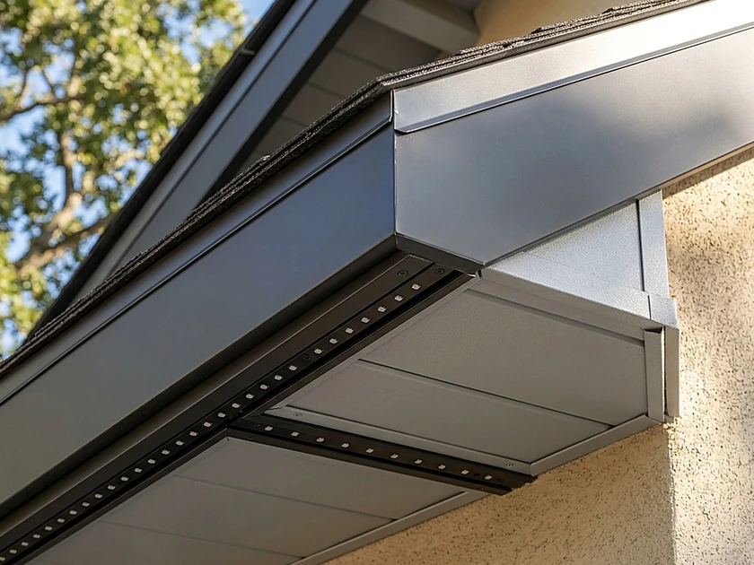 Close-up of low-profile color-matched aluminum channel track mounted flush under roofline eave with recessed RGBW LED diodes